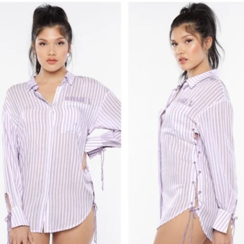 SAVAGE X FENTY Coastal Stripe‎ Woven Voile Sleep Long-Sleeve Shirt Lavender | 1X